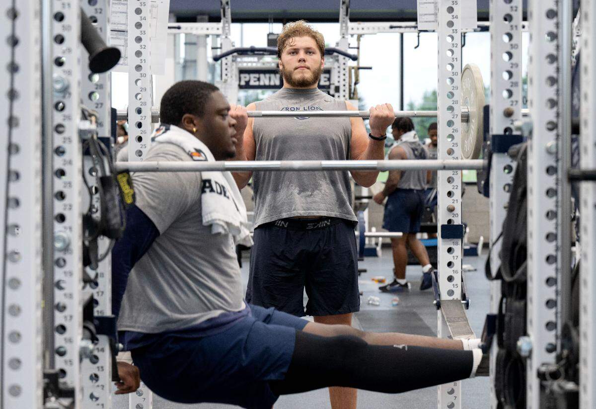 Penn State offensive lineman Anthony Donkoh and Nolan Rucci during a summer strength session on Monday, July 14, 2025 in the Lasch Building.