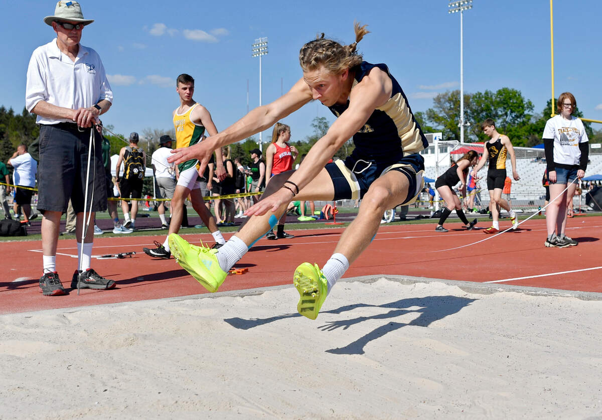 Bald Eagle Area’s Owen Irvin competes in the long jump during the District 6 2A track meet at Mansion Park on Tuesday, May 18, 2021.