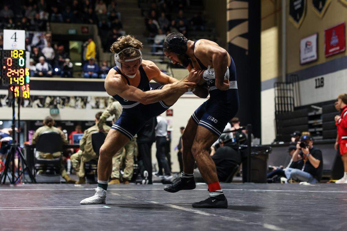 Penn State’s Shayne Van Ness, right, controls teammate Connor Pierce in their 149-pound finals match of the Black Knight Invitational on Sunday, Nov. 23, 2025 in West Point, NY. Van Ness defeated Pierce, 14-7.