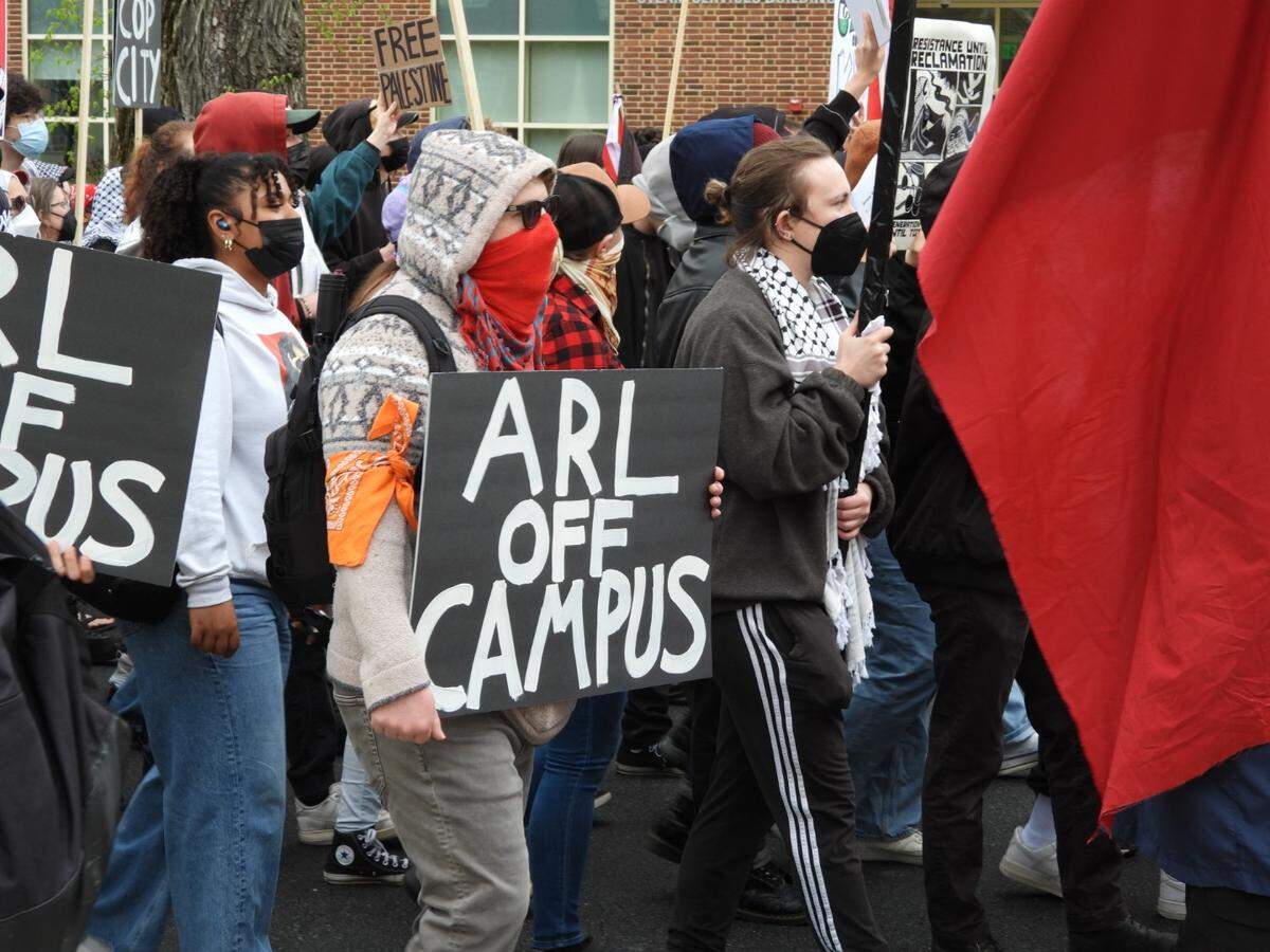 Pro-Palestine protesters march through downtown State College and the Penn State campus on Saturday afternoon for many of the same demands they made during a Thursday protest — including for Penn State to divest from Israel and to free Palestine.