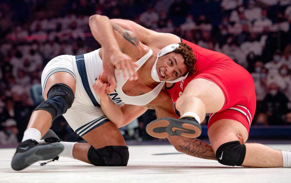 Penn State’s Greg Kerkvliet wrestles Ohio State’s Tate Orndorff in the 285 lb bout of the match on Friday, Feb. 4, 2022.