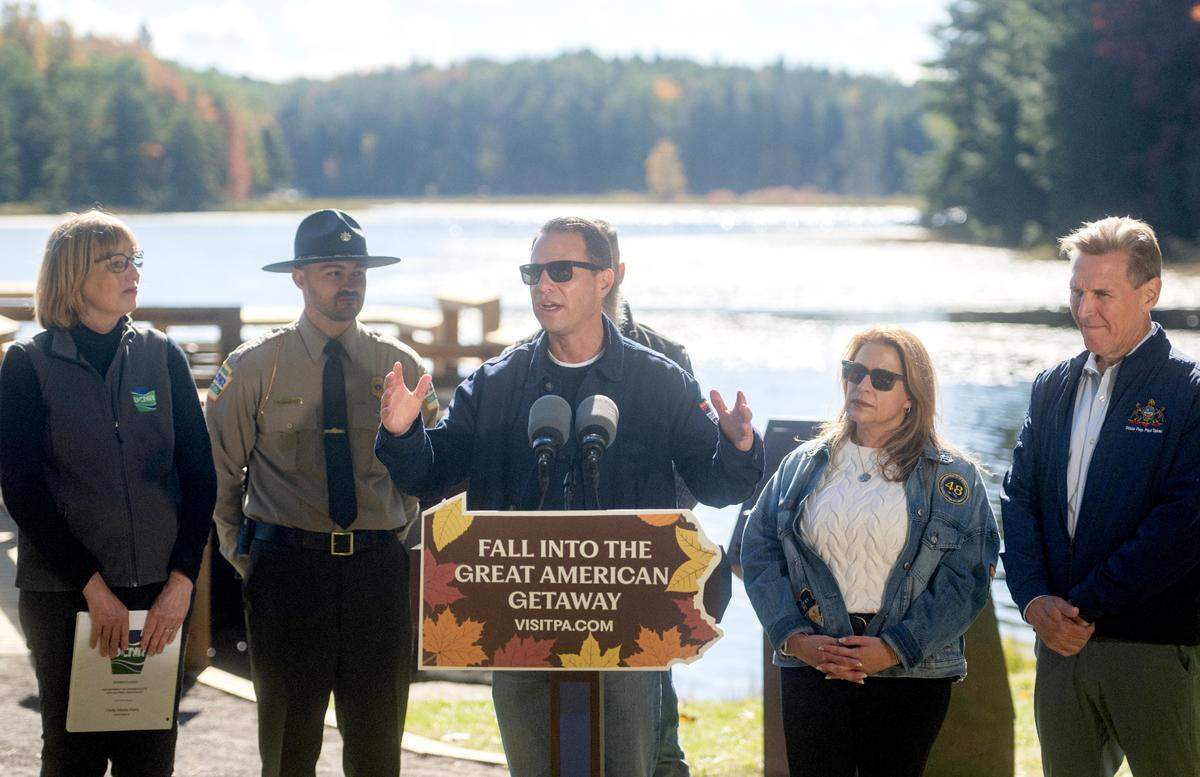 Pennsylvania Governor Josh Shapiro talks about the new color-correcting viewfinder and Pennsylvania’s State Parks during a visit to Black Moshannon State Park on Wednesday, Oct. 9, 2024.