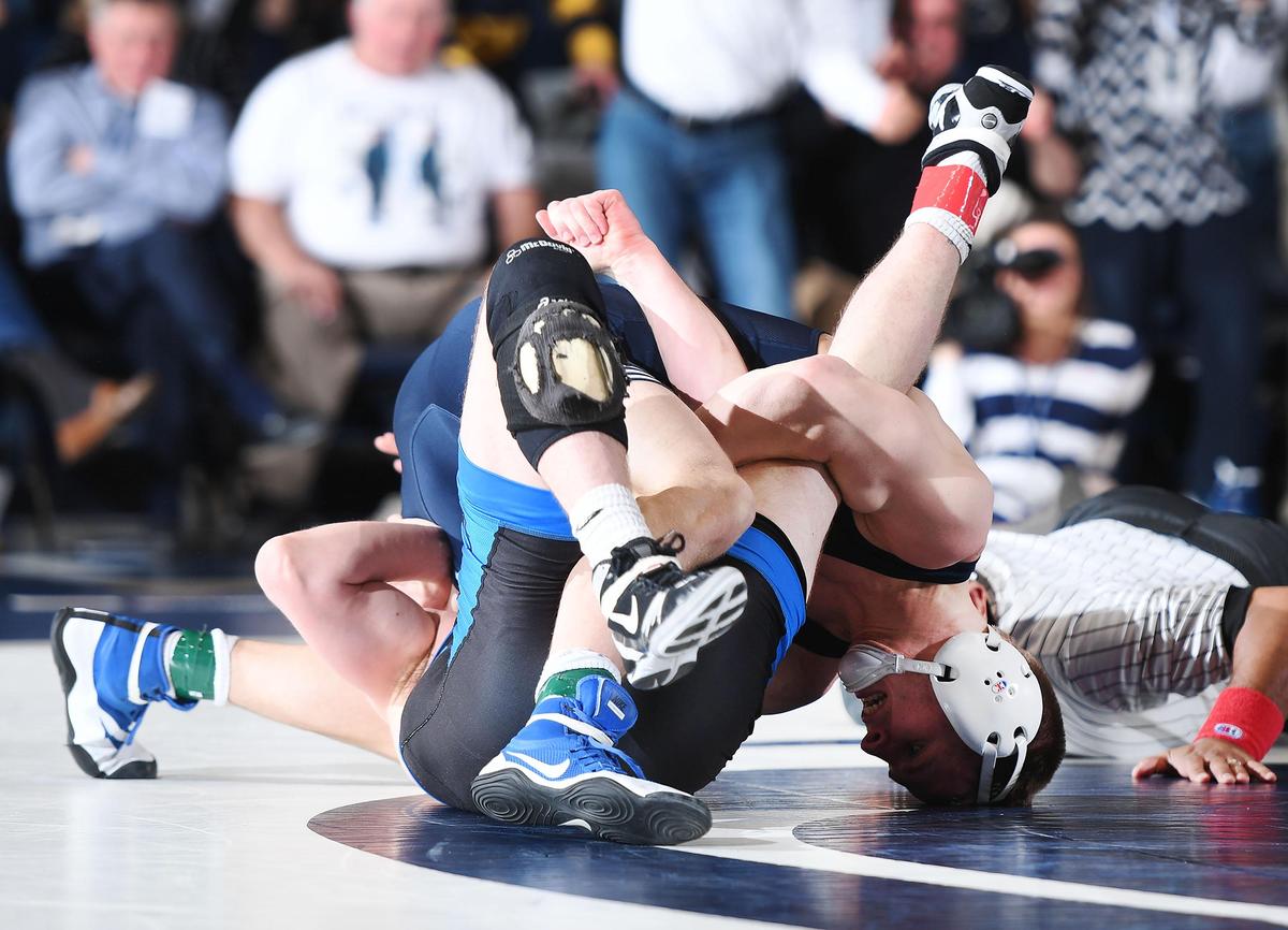 Penn State’s Jason Nolf pins Buffalo’s Kyle Todrank at 157 lbs Sunday at Recreational Hall. Penn State defeated Buffalo, 47-3.