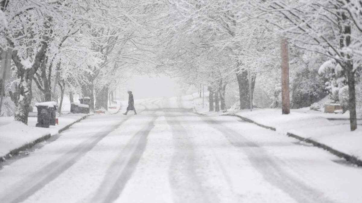 A pedestrian crosses Prospect Avenue as snow falls on Wednesday, March 9, 2022.