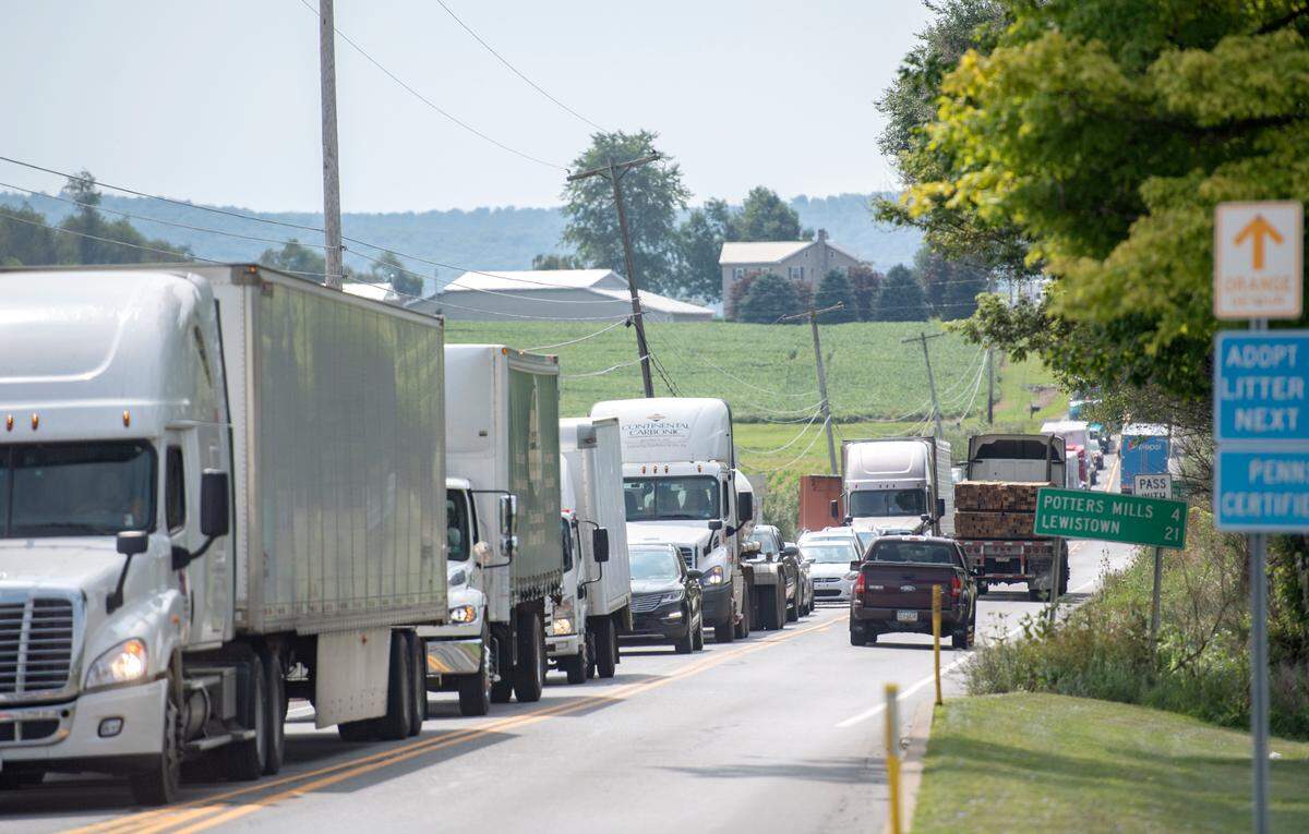 Traffic is backed up Wednesday morning on state Route 144 following the extended closure of U.S. Route 322 due to a fatal crash.