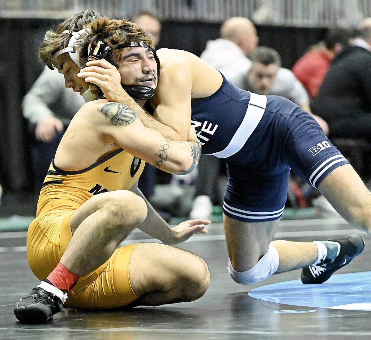 Penn State’s Aaron Nagao controls Missouri’s Kade Moore in their 133 pound first round consolation match of the NCAA Championships on Thursday, March 21, 2024 at the TMobile Center in Kansas City, Mo. Nagao defeated Moore, 16-1.
