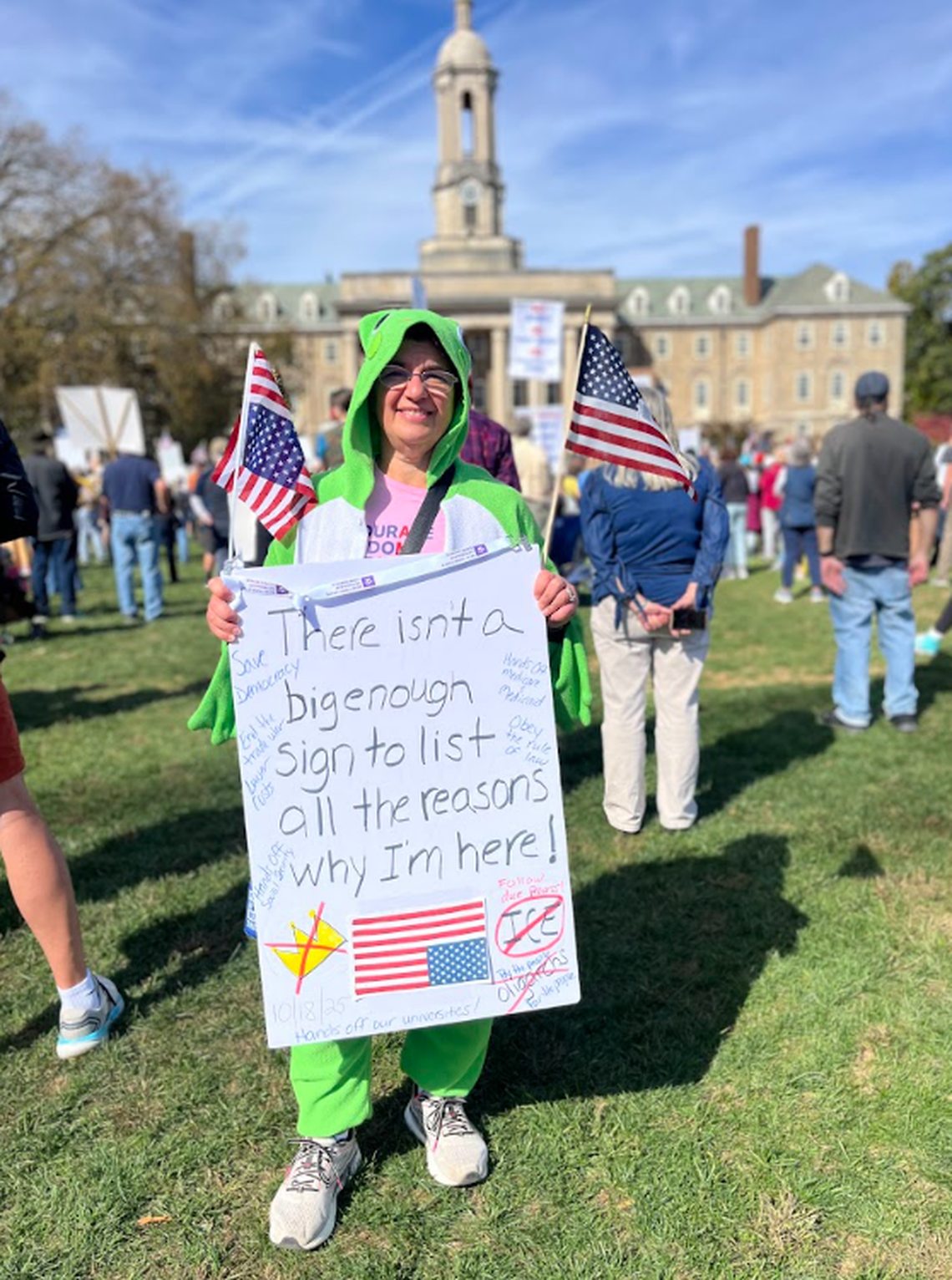 Bellefonte resident Krista Bartko attended Saturday’s No Kings protest, which was held in opposition of the actions taken by President Donald Trump and his administration. The event was one of more than 2,500 scheduled No Kings protests to take place across the country Saturday.