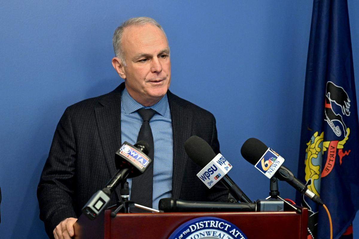 Centre County District Attorney Bernie Cantorna talks about the charges against Gavin McKenna during a press conference on Friday, Feb. 6, 2026.  