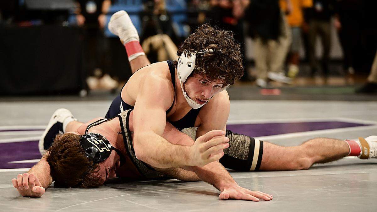 Penn State’s Levi Haines controls Purdue’s Brody Baumann in their 174-pound quarterfinals match of the Big Ten Championships on Saturday inside Welsh Ryan Arena in Evanston, Ill. Haines pinned Baumann in 5:58.