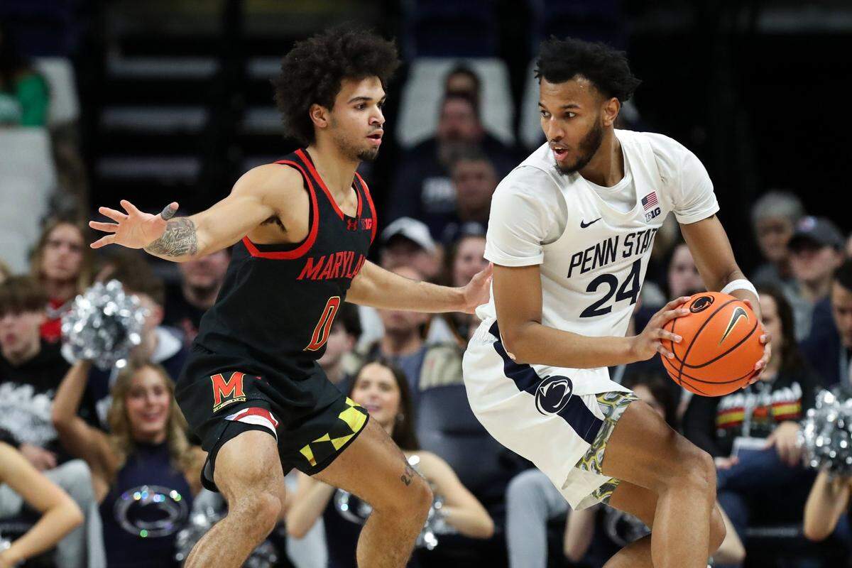 Penn State Nittany Lions forward Zach Hicks looks for a way to the basket as Maryland Terrapins guard Ja'Kobi Gillespie defends during the second half at Bryce Jordan Center. 