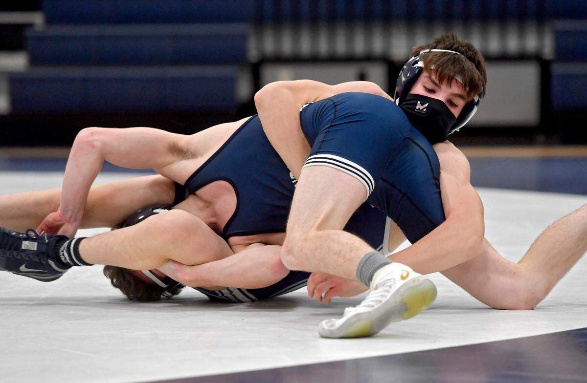 Penns Valley’s Justin Darlington controls Philipsburg-Osceola’s Nick Coudriet in the 126 lb bout during the match on Tuesday, Jan. 19, 2021. Darlington won by major decision, 8-0.