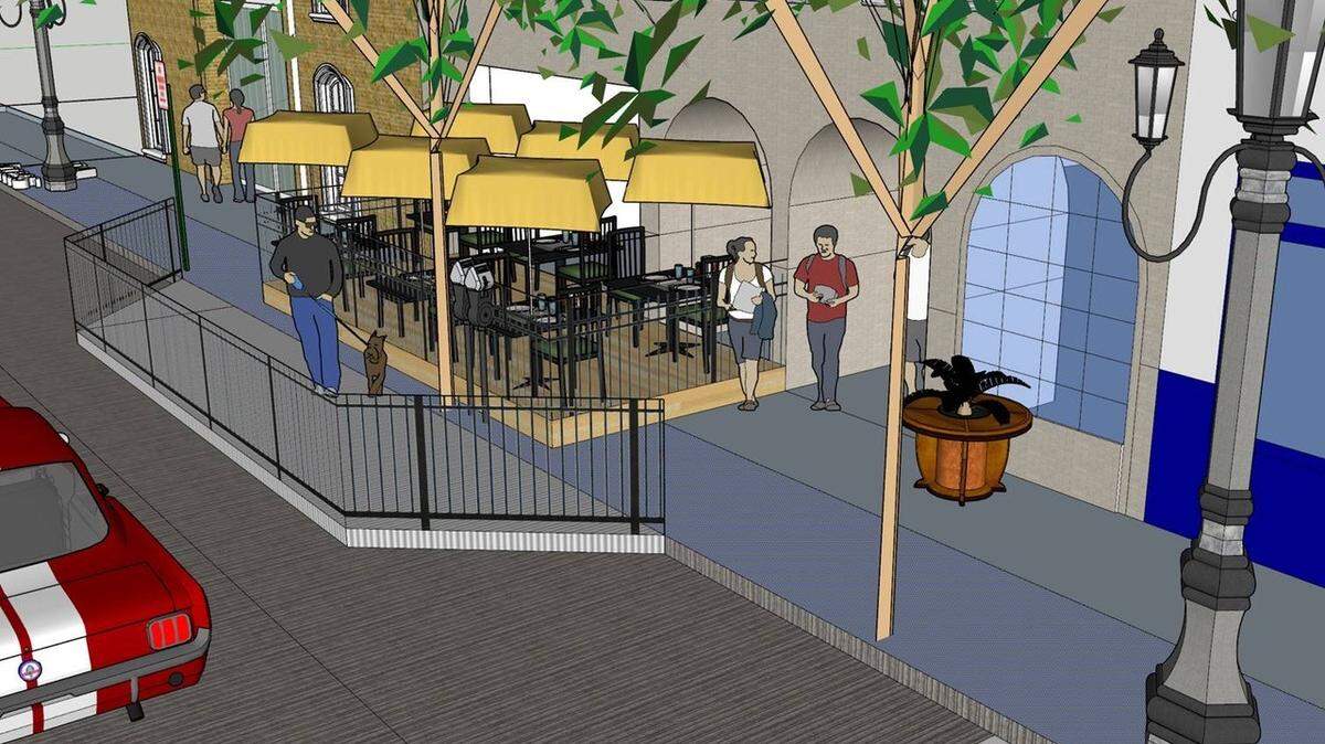 A rendering of the potential “pedlet” to allow more outdoor dining at Bill Pickle’s Tap Room on South Allen Street in downtown State College. A pedlet is a sidewalk extension beyond the curb line that would allow for Pickle’s to extend its outdoor footprint.