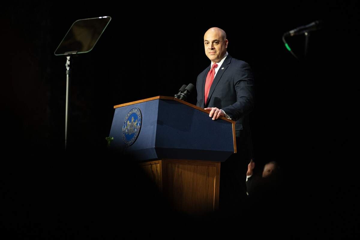 Attorney General Dave Sunday speaks after taking the oath of office in Harrisburg on Jan. 21, 2025.