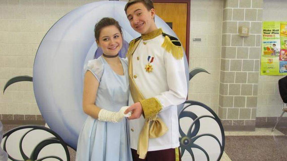 Sadie Spivey and Justin Shondeck pause for a photo during the Prince and Princess Ball fundraiser for the State High Thespians’ summer trip to Scotland. 
