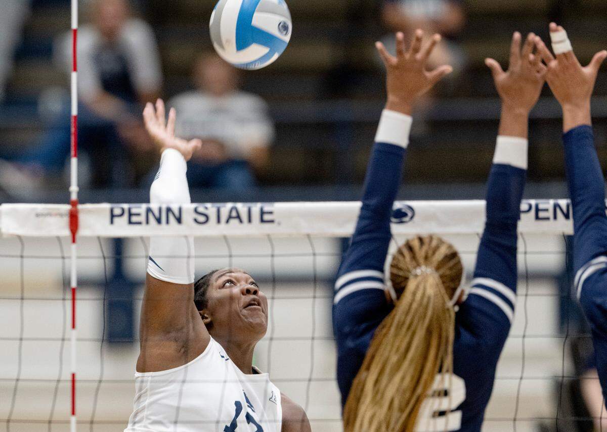Penn State’s Zoe Weatherington gets a kill during the match against Howard on Friday, Sept. 16, 2022.