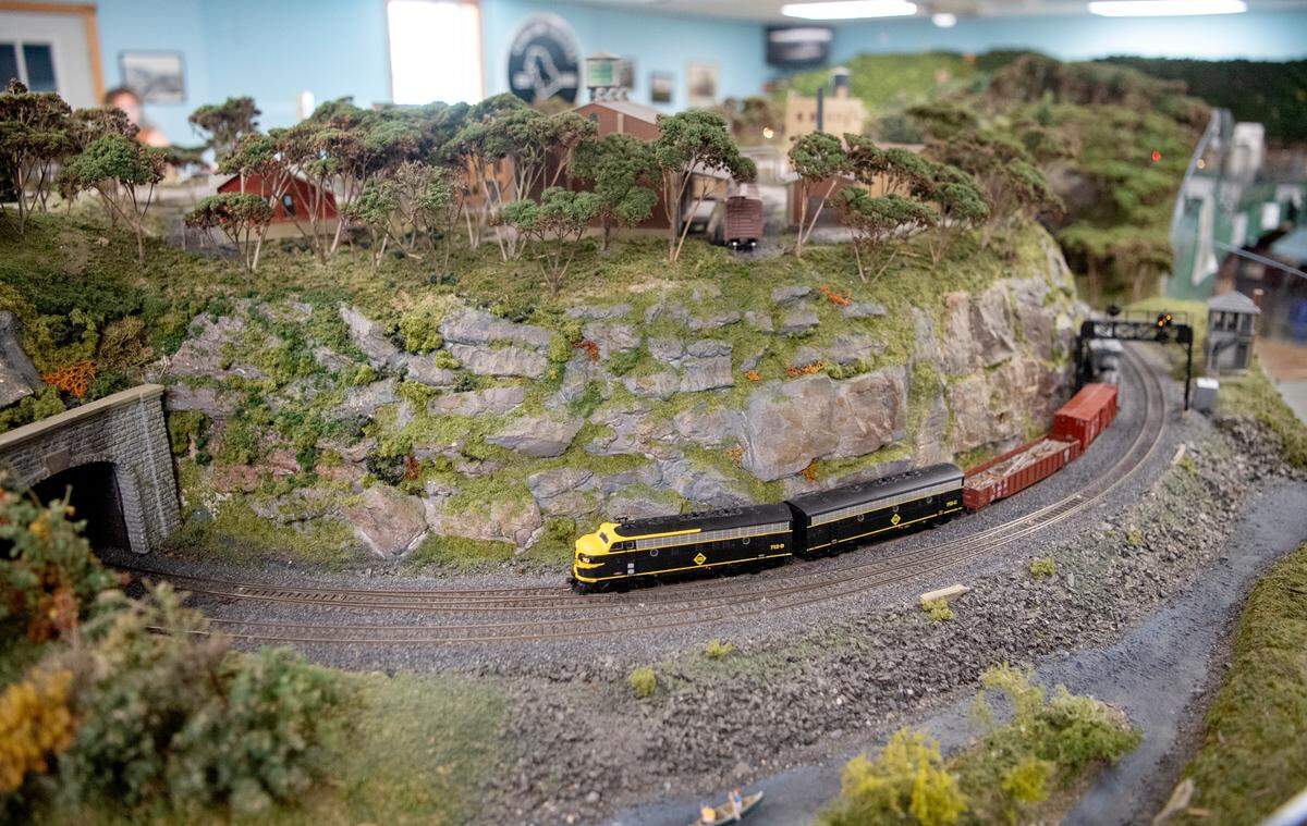 A train runs through the Clinton Central Model Railroad Club’s display in the Castanea Station.