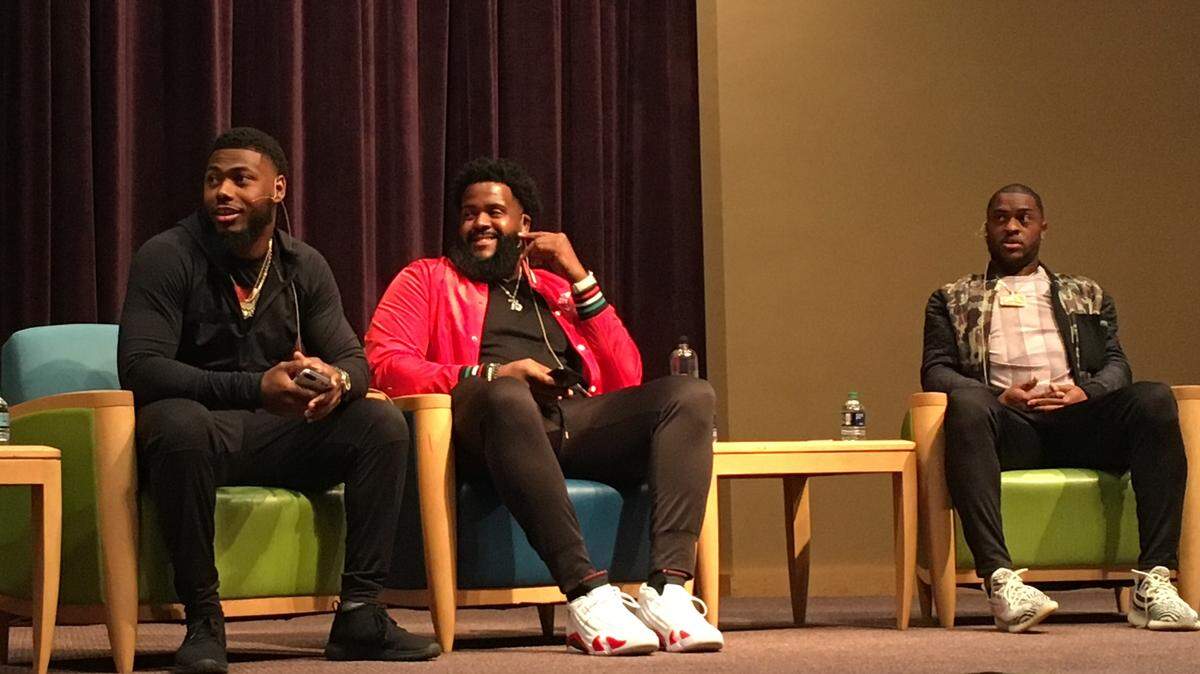 Former Penn State stars Adrian Amos, Donovan Smith and Allen Robinson discuss the business of the NFL on a panel on Friday, April 12 at the HUB-Robeson Center. All three signed lucrative contracts the last two offseasons.