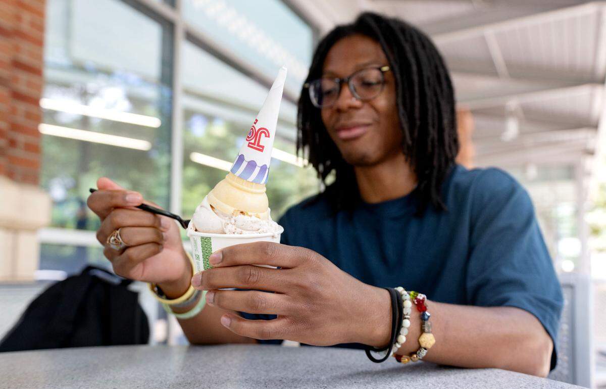 Centre Daily Times intern Jaden Perry enjoys ice cream at Penn State Berkey Creamery.
