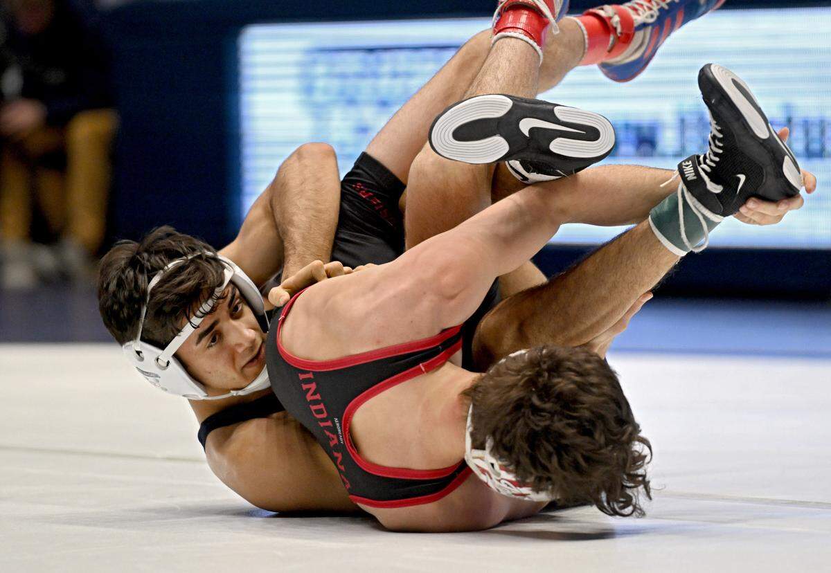 Penn State’s Aaron Nagao wrestles Indiana’s Isaac Thornton in the 133 lb bout of the match on Jan. 14 at Rec Hall.