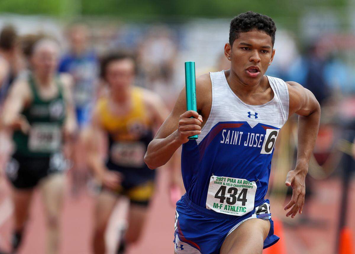 Saint Joseph’s Jonah Clark runs the anchor leg in the boys Class 2A 4x800 meter relay finals during the PIAA State Track and Field Championships held Friday at Seth Grove Stadium on the Shippensburg University campus in Shippensburg, PA.Matthew O’Haren/For the Centre Daily Times