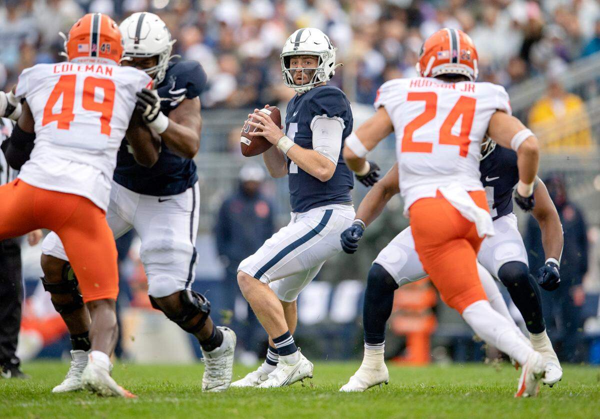 Penn State quarterback Sean Clifford drops back to make a pass during the game against Illinois on Saturday, Oct. 23, 2021.