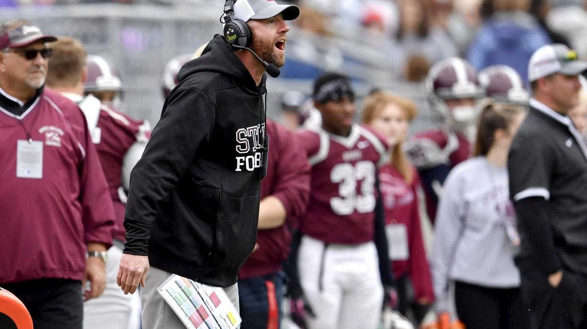 State College football coach Matt Lintal yells to his players during the game against Cumberland Valley at Beaver Stadium Classic on Saturday, Oct. 26, 2019.