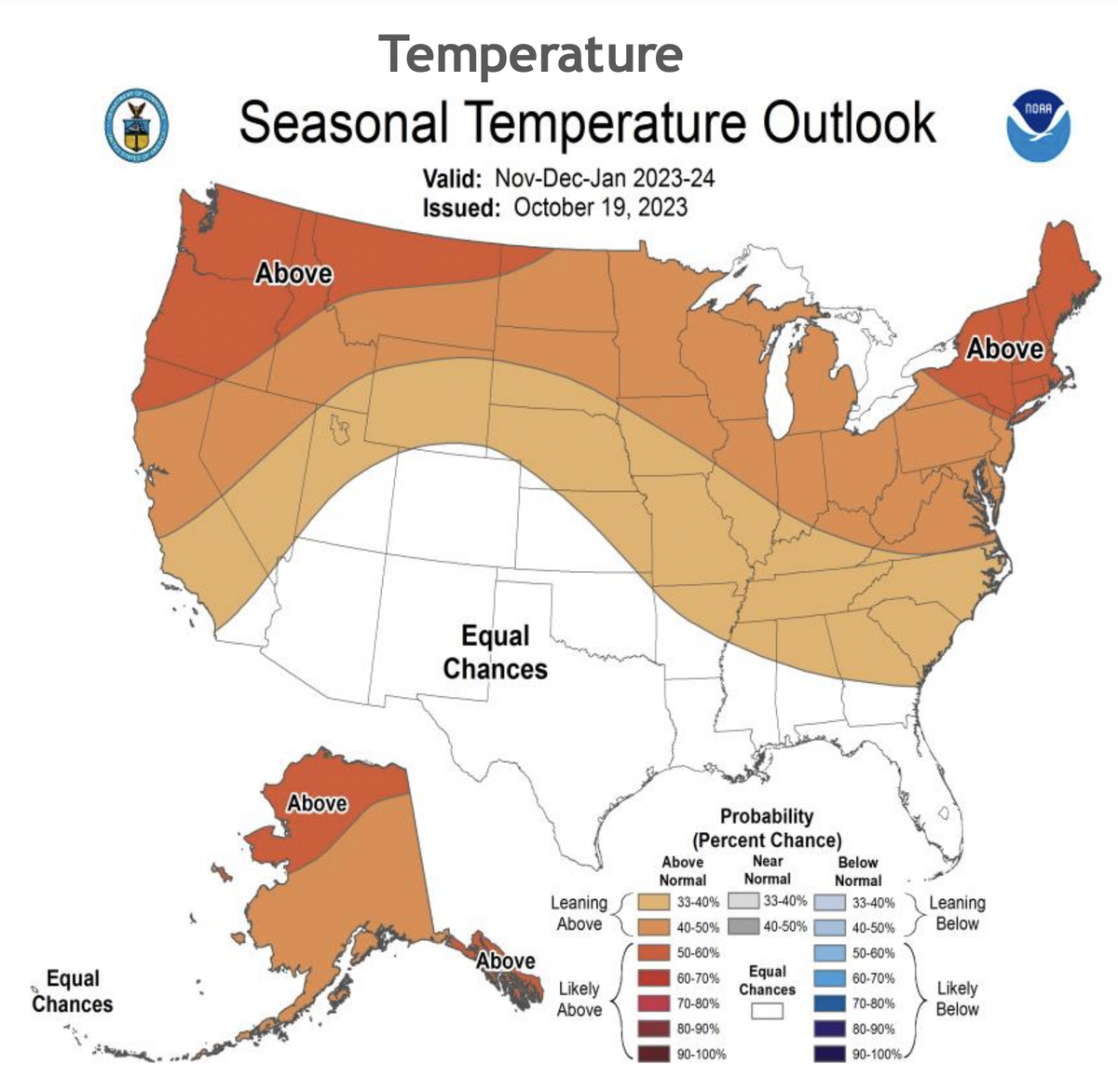 The latest seasonal temperature outlook from the National Oceanic and Atmospheric Administration’s Climate Prediction Center suggests Pennsylvania is leaning toward observing above-average temperatures this winter.