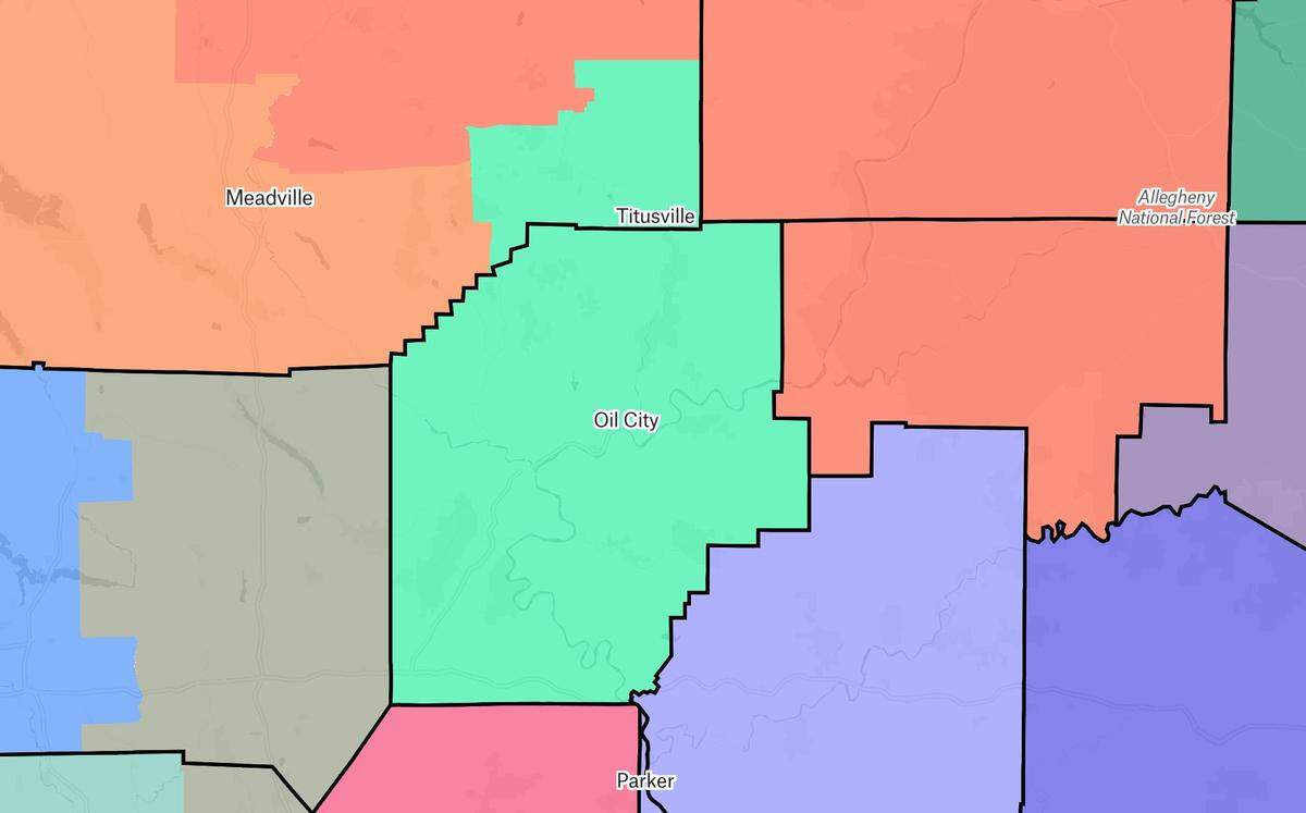 Proposed District 64 (shown in green) meets the standard for compactness, keeping Venango County whole and using only a geographically close and compact section of a neighboring county.