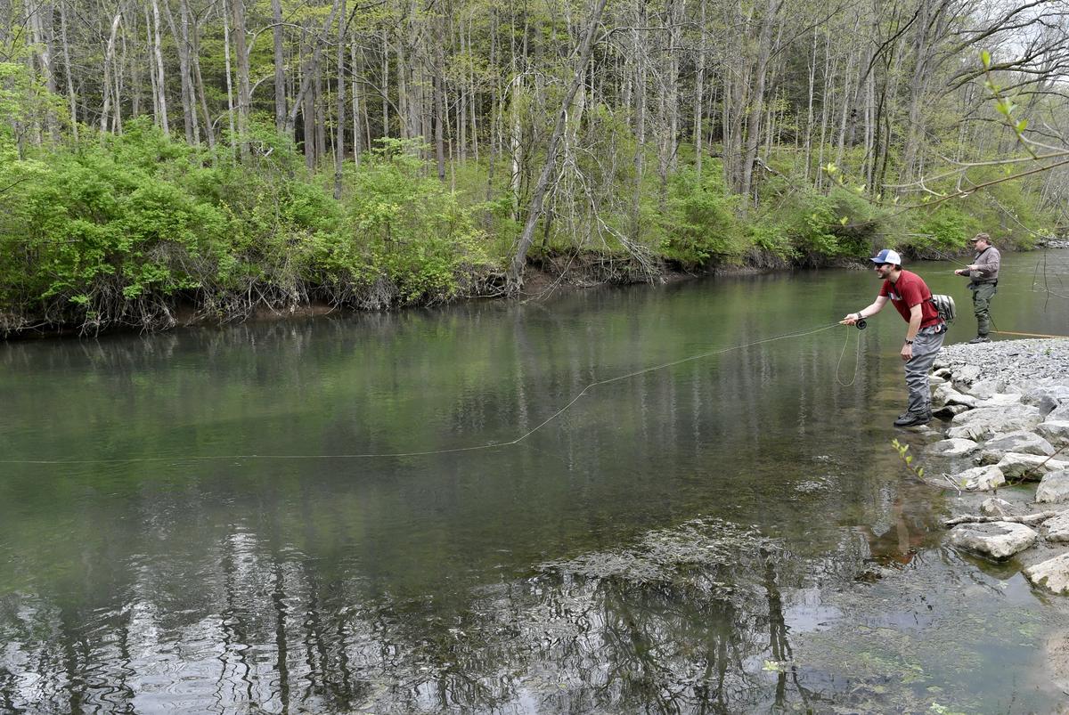 Brad Fleming fly fishes with his dad, Tim Fleming, in a section of Spring Creek off of Rock Road in early May.