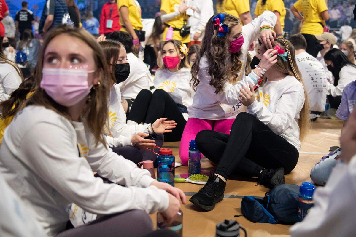Julia Mewha and Cameron Rousselin prepare for the Penn State IFC/Panhellenic Dance Marathon on Friday.