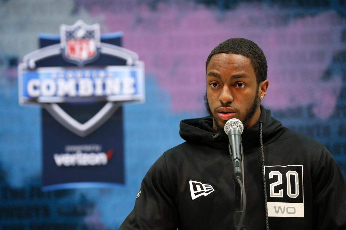 Penn State wide receiver K. J. Hamler speaks during a press conference at the NFL football scouting combine in Indianapolis, Tuesday, Feb. 25, 2020.