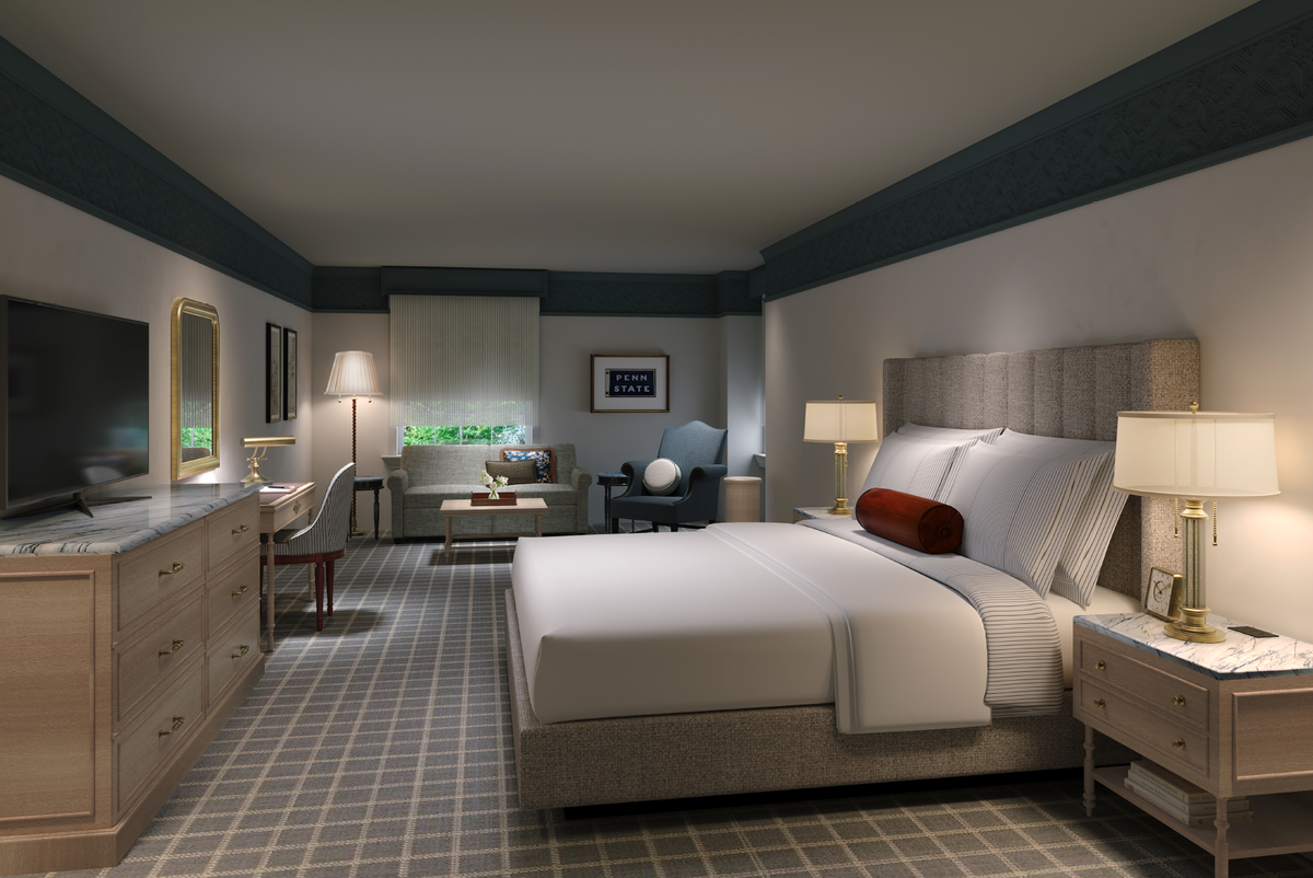 A rendering of a room with a king sized bed at the newly renovated Nittany Lion Inn. 