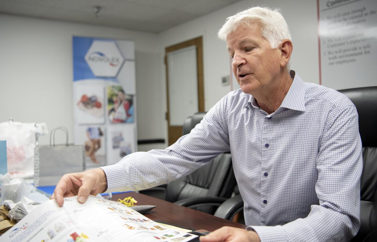 Mark Daniels, the Novolex senior vice president of sustainability and environmental policy, talks about the products the company makes at the plant in Milesburg.