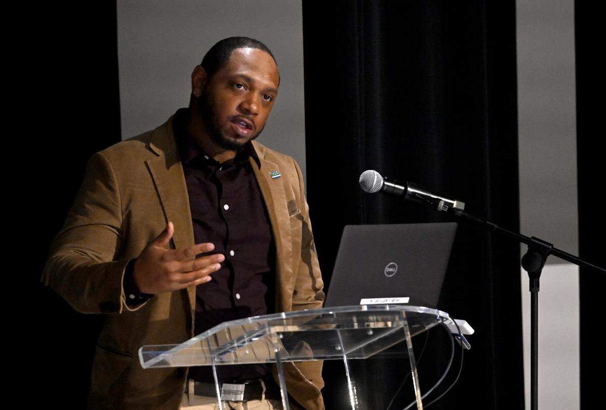 Divine Lipscomb speaks at the teach-in event, “One Year Later: Still No Racial Justice at Penn State - Why?” at the HUB-Robeson Center on Thursday Oct. 19, 2023.