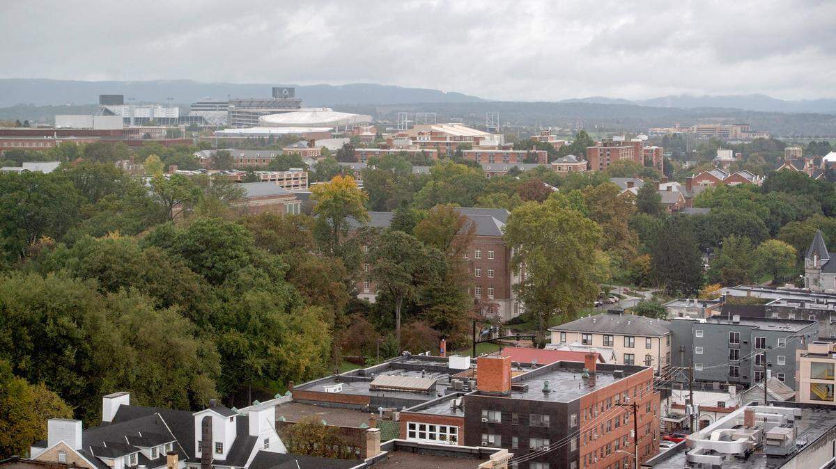 A view of the Penn State campus and downtown State College from the roof of the Fraser Centre on Thursday, Oct. 11, 2018.   