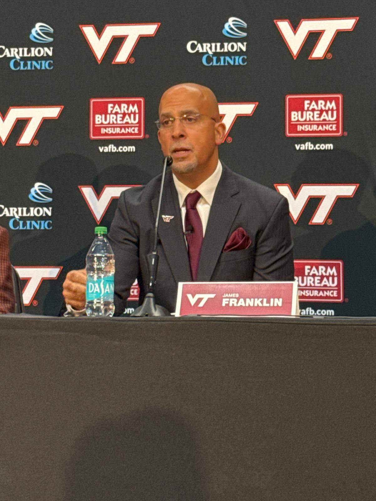 Football coach James Franklin speaks during his introductory press conference at Virginia Tech on Wednesday, Nov. 19, 2025.