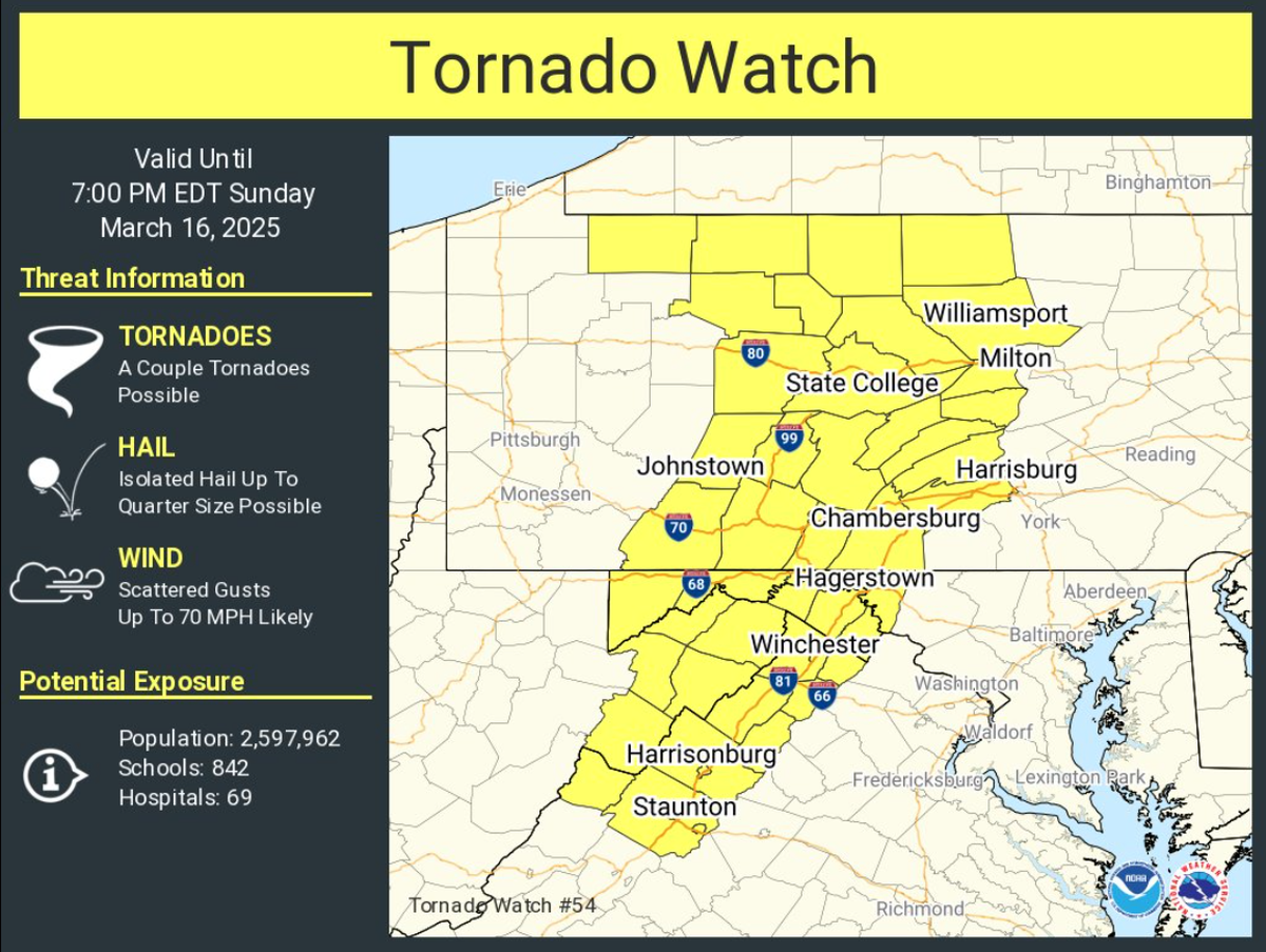 A tornado watch was issued Sunday for parts of Pennsylvania, including Centre County.