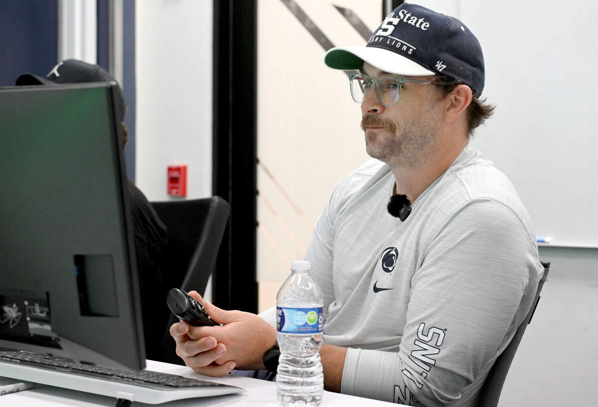 Penn State offensive coordinator Taylor Mouser talks about quarterback Rocco Becht as he breaks down film with Centre Daily Times reporter Jon Sauber on June 3, 2026.