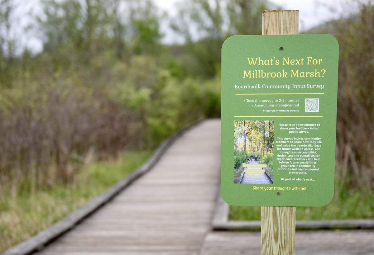 A sign about the boardwalk community input survey at Millbrook Marsh on Tuesday, May 5, 2026.