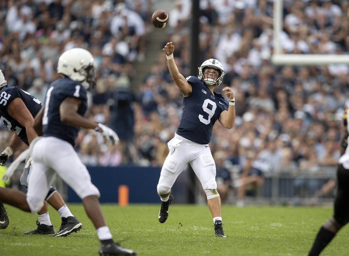 Penn State quarterback Trace McSorley makes a pass during the Saturday, Sept. 1, 2018 game against Appalachian State at Beaver Stadium.
