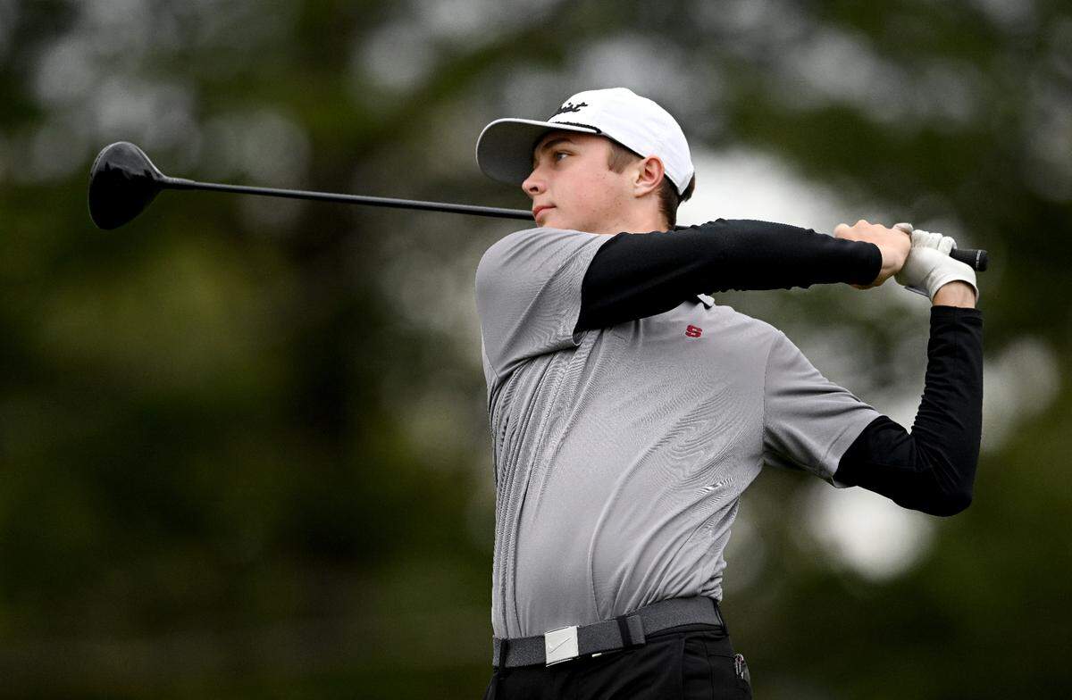 State College’s Max Wager tees off for the 18th hole during the PIAA golf championships at the Penn State Golf Courses on Tuesday, Oct. 17, 2023.