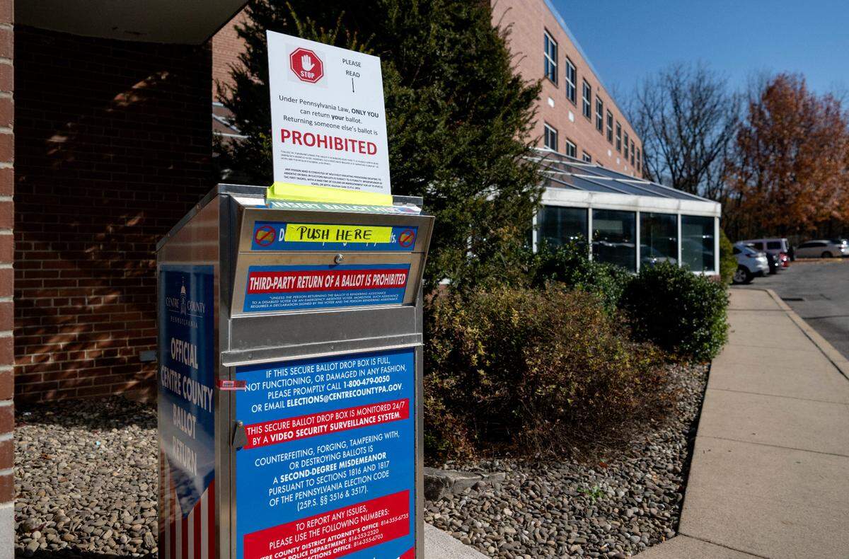 A sign at the drop box outside the Willowbank Building in Bellefonte reminds voters that individuals must return their own ballots. The county closed drop boxes at 9 a.m. Monday.