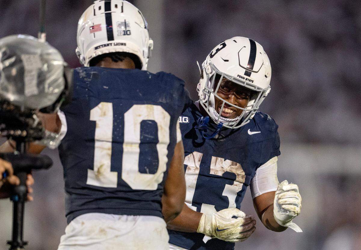 Penn State running back Kaytron Allen celebrates his touchdown with during the game against Illinois on Saturday, Sept. 28, 2024.
