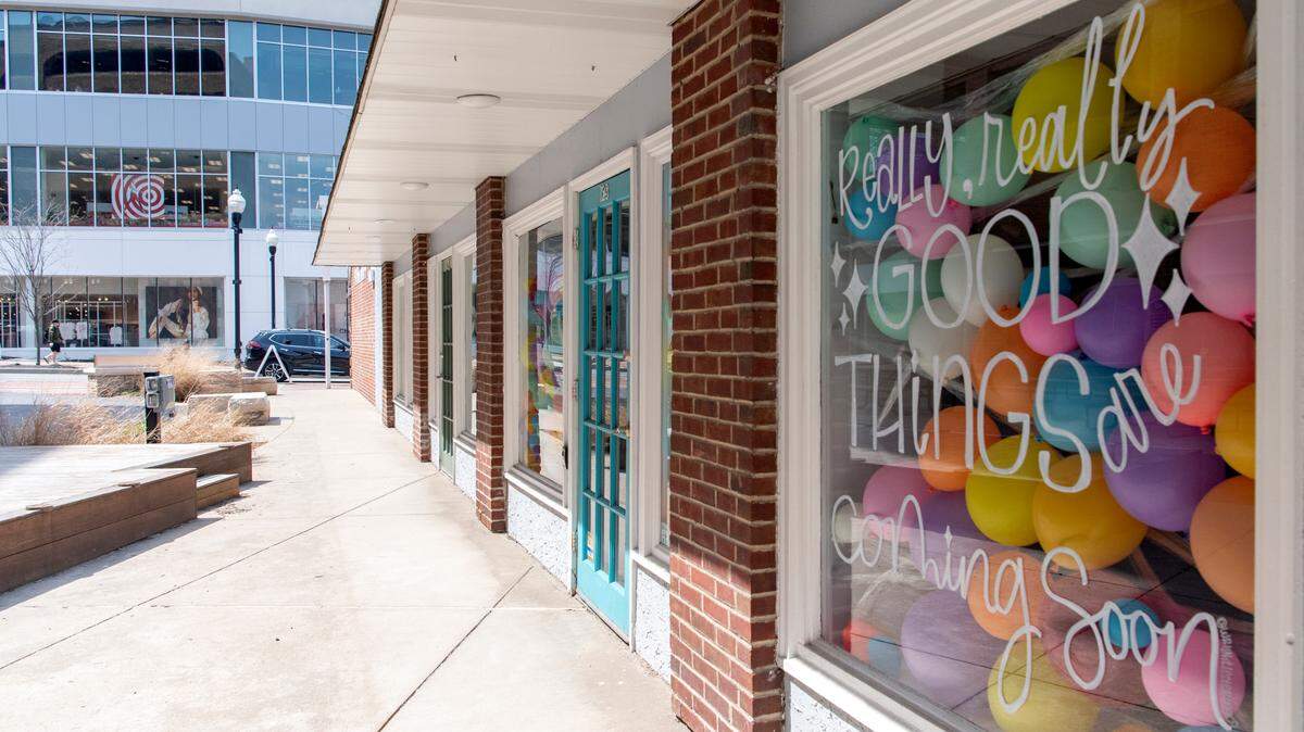Balloons in the windows promote the new 123 S. Fraser St. location for The Makery, which will reopen May 1. (The Makery will remain open at its current Calder Way location through Saturday.)