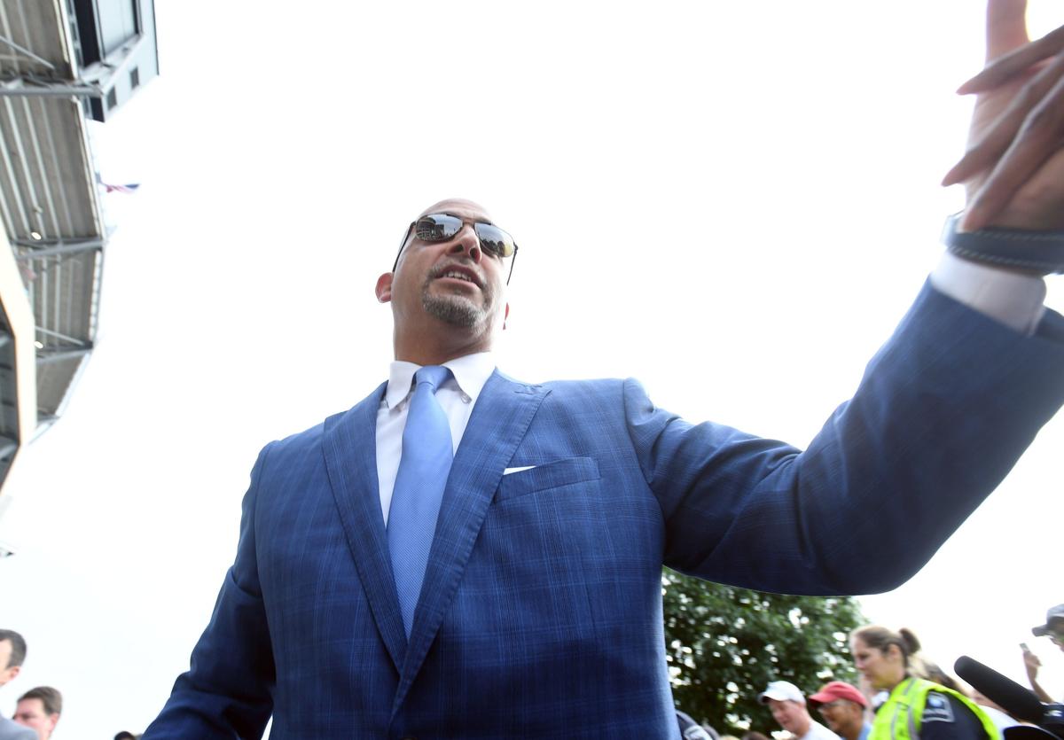 Penn State football coach James Franklin greets fans during team arrival before the Kent State game Saturday, Sept. 15, 2018 at Beaver Stadium.