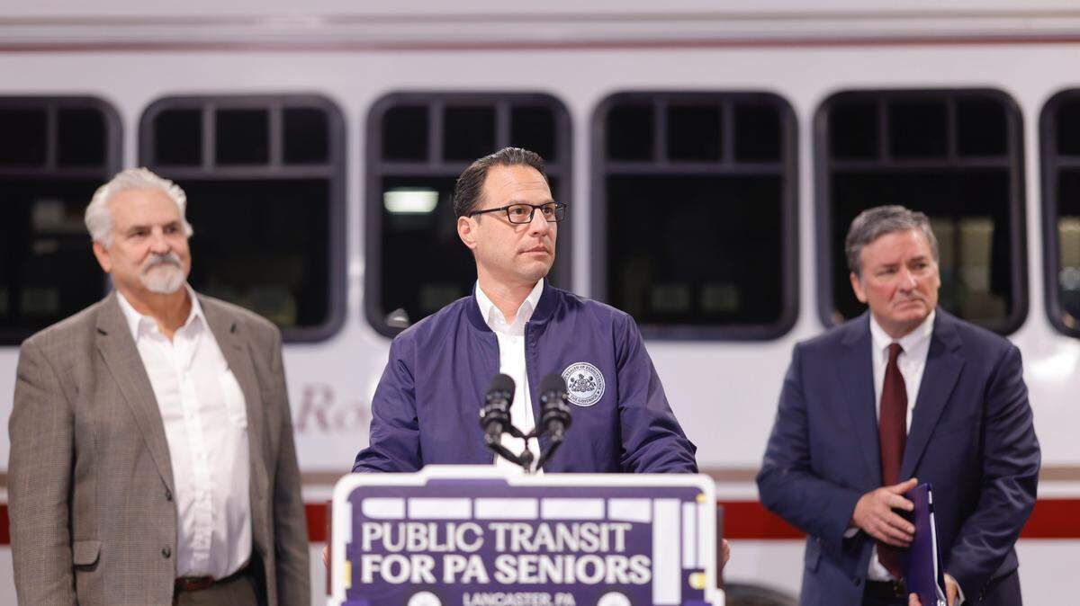 Gov. Josh Shapiro promotes his transit funding plan, which includes money for shared-ride services.