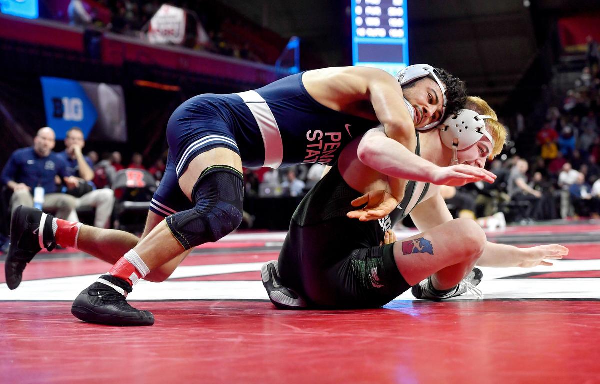 Penn State’s Vincenzo Joseph controls Michigan State’s Drew Hughes in quarterfinals of the Big Ten Wrestling championships at Rutgers on Saturday, March, 7, 2020.