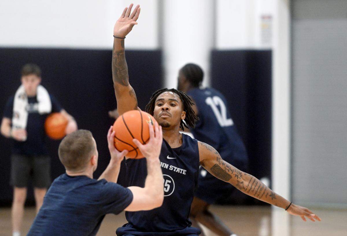 Penn State’s Rayquawndis Mitchell runs a drill during a men’s basketball summer workout on Tuesday, July 11, 2023.