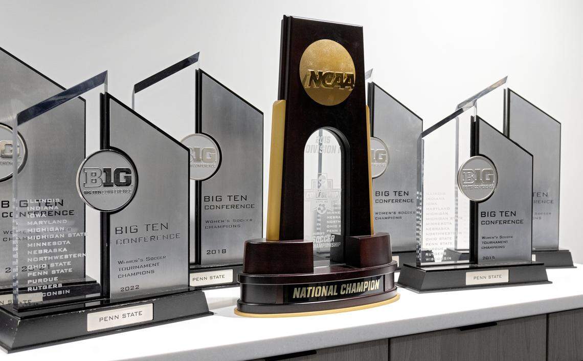Trophies won by the Penn State women’s soccer team on display in the coaches offices of the Jeffrey Field Soccer Complex.