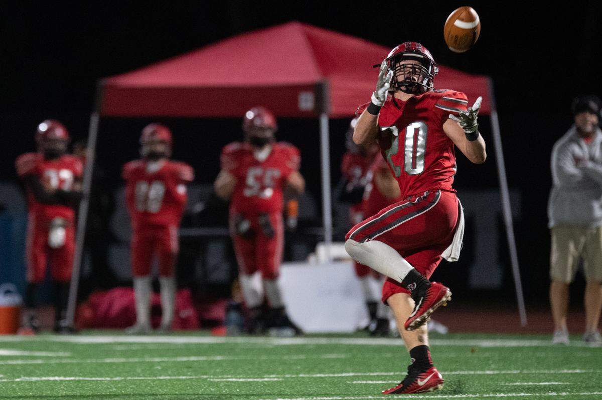Blandon Hawkins (20) catches a pass during Bellefonte Area High School’s game against Penns Valley Area High School on Friday, Oct. 2, 2020 in Bellefonte, Pa.